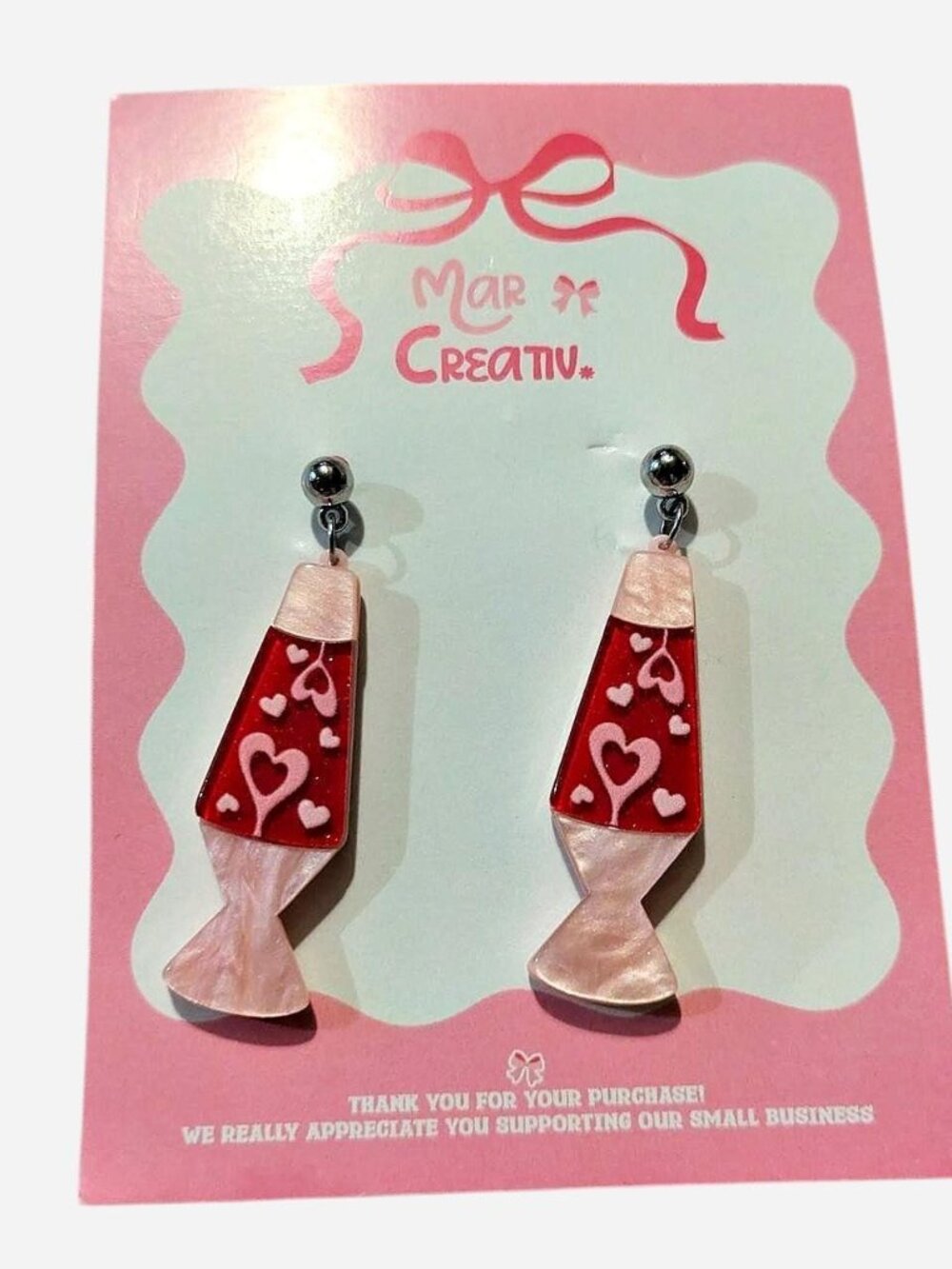 Pink lava lamp earrings with white hearts brand new, never worn handmade
